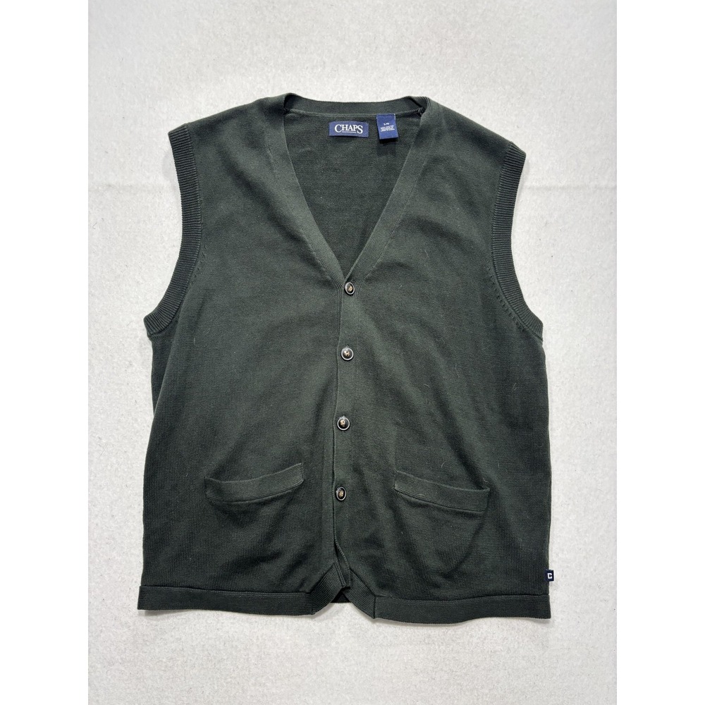 Chaps Mens Large Green Sweater Vest V Neck Button Front Cotton Knit Pockets